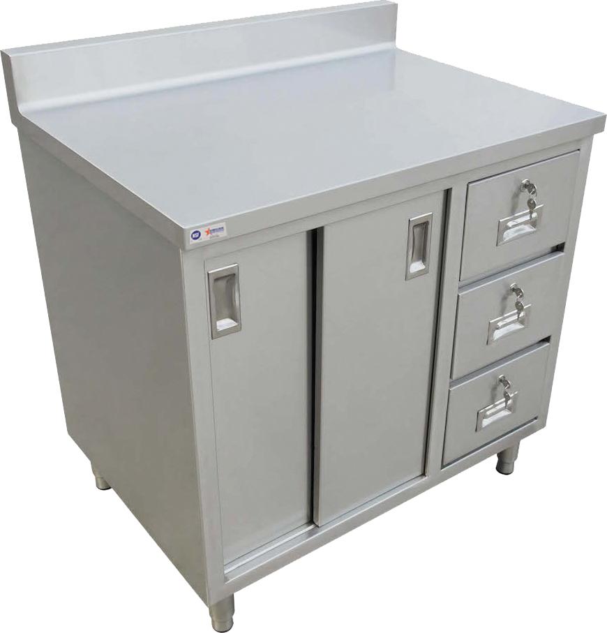 Omcan - 30" x 48" Worktable with Backsplash - Sliding Doors & Drawers - 45284