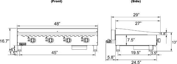 Omcan - Countertop Stainless Steel Thermostatic Control Gas Griddle with 4 Burners - CE-CN-G48TPF