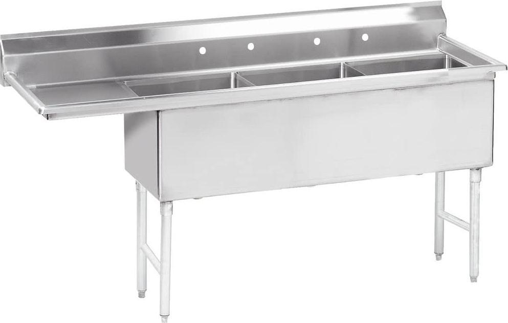 Omcan - Left Drain Board 24” x 24” x 14” Three Tub Sink with Corner Drains & 4 Faucet Holes - 25259