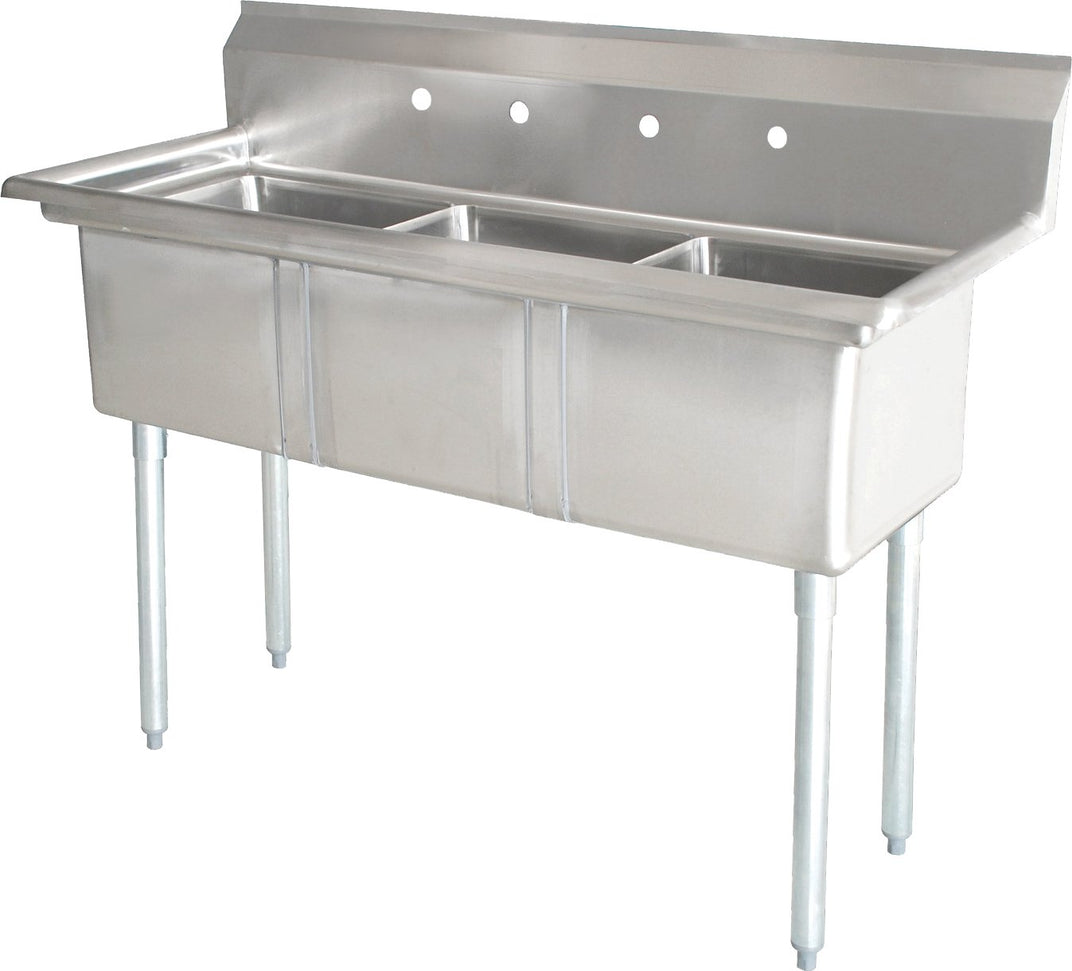 Omcan - No Drain Boards 24” x 24” x 14” Three Tub Sink with Corner Drains & 4 Faucet Holes - 22120