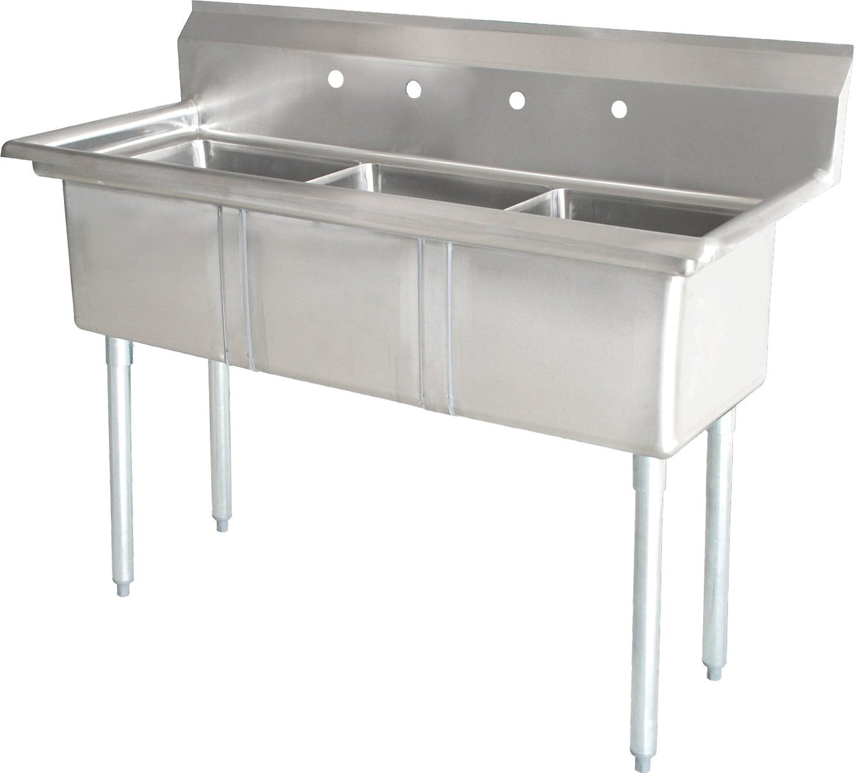Omcan - No Drain Boards 24” x 24” x 14” Three Tub Sink with Corner Drains & 4 Faucet Holes - 22120