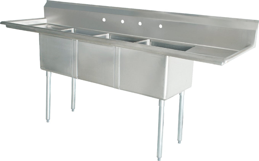 Omcan - Two Drain Boards 24” x 24” x 14” Three Tub Sink with Center Drains & 4 Faucet Holes - 43789