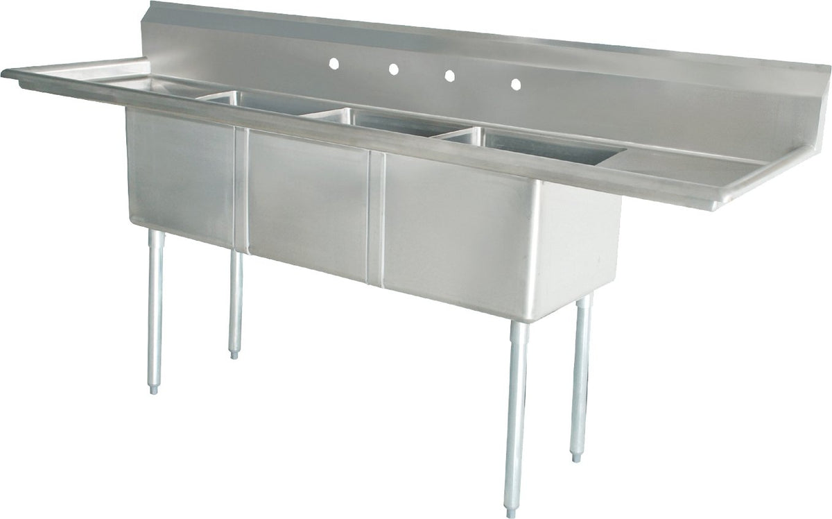 Omcan - Two Drain Boards 24” x 24” x 14” Three Tub Sink with Corner Drains & 4 Faucet Holes - 25261