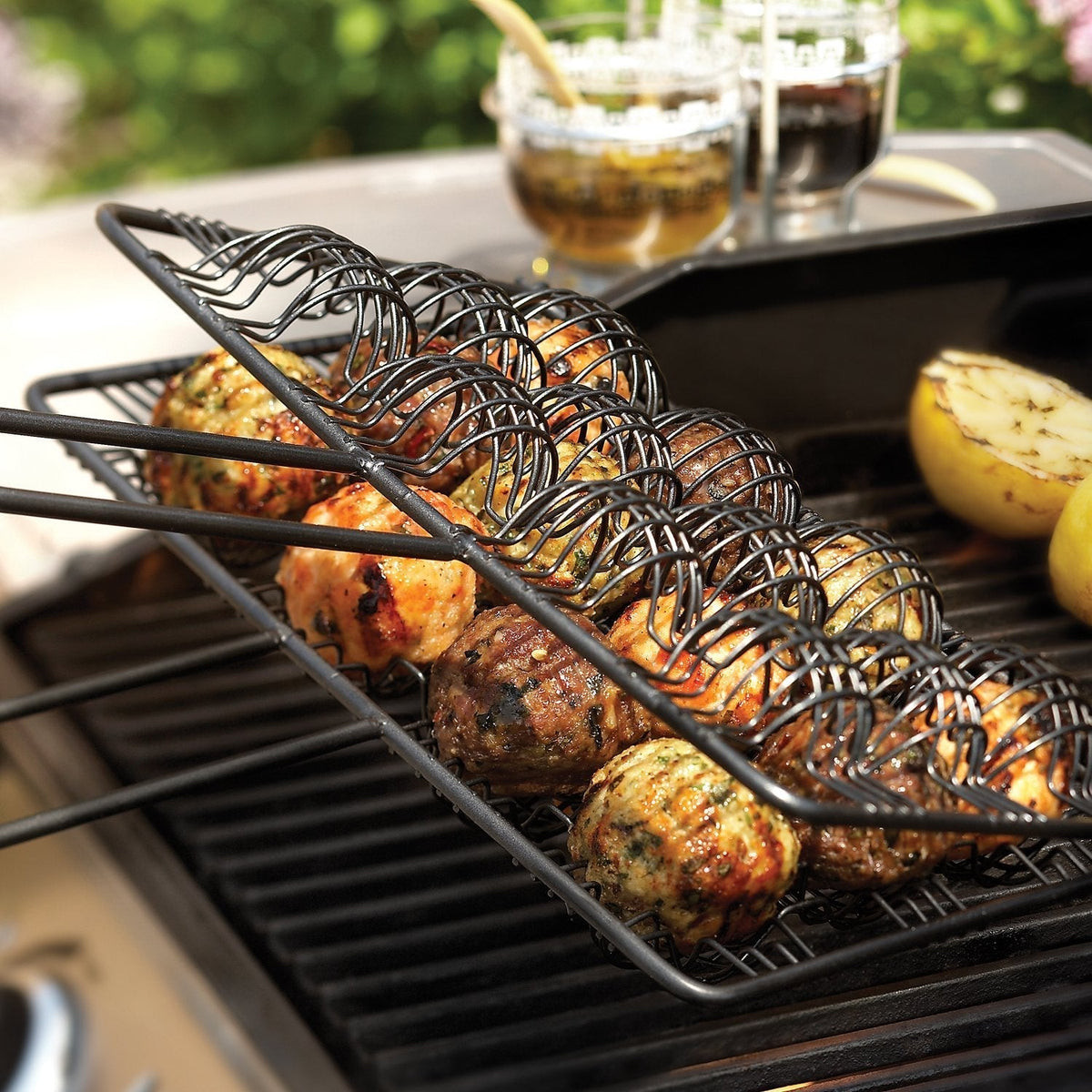 Outset - 20.5" Meatball Grilling Basket with Rosewood Handle - QD86