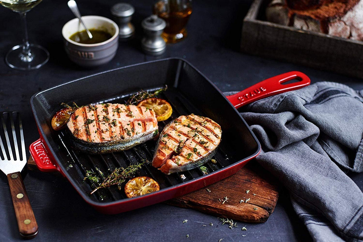 Staub - 10" Cast Iron Square Grill Pan Cherry Red (26 cm) - 40501-110