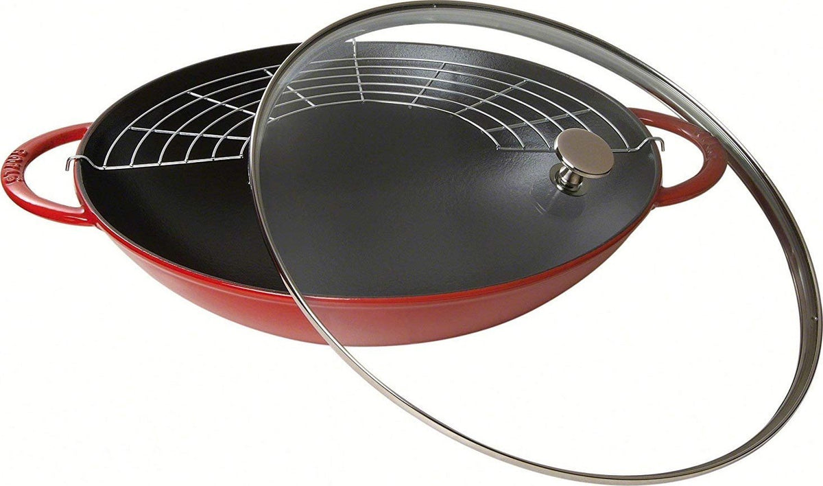 Staub - 14.5" Cast Iron Wok with Glass Lid Cherry Red (37 cm) - 40509-898