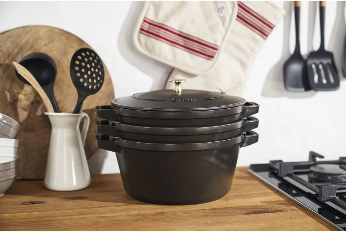Staub - 4 PC 10" Cast Iron Stackable Cocotte Set Black - 1021322