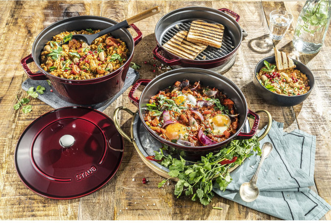 Staub - 4 PC 10" Cast Iron Stackable Cocotte Set Grenadine - 1010768