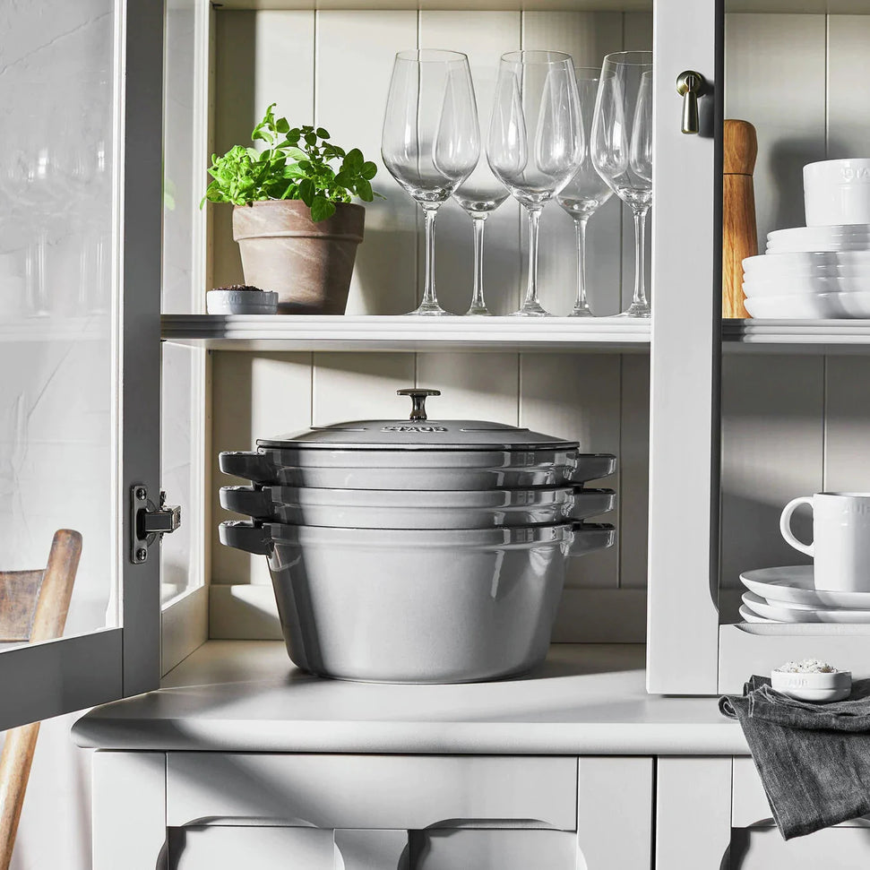 Staub - 4 PC 10" Cast Iron Stackable Cocotte Set Grey - 1010767