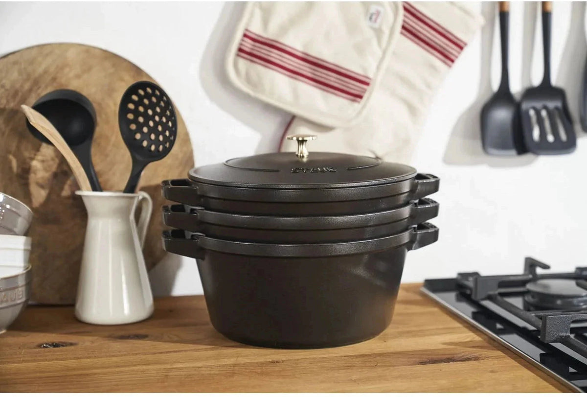 Staub - 4 PC 9.5" Cast Iron Stackable Cocotte Set Black - 1010886