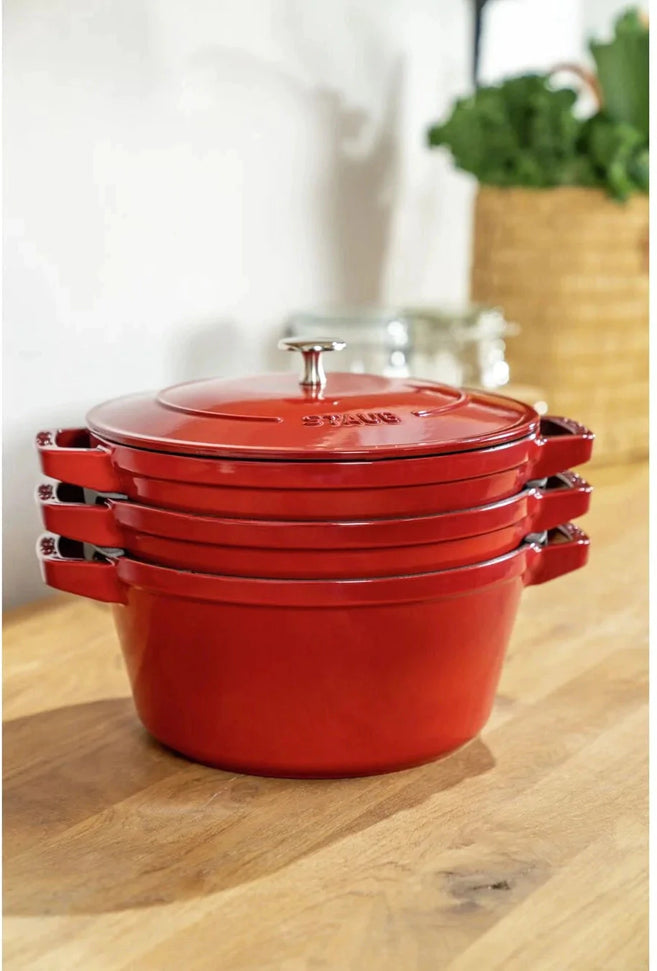 Staub - 4 PC 9.5" Cast Iron Stackable Cocotte Set Cherry - 1010887
