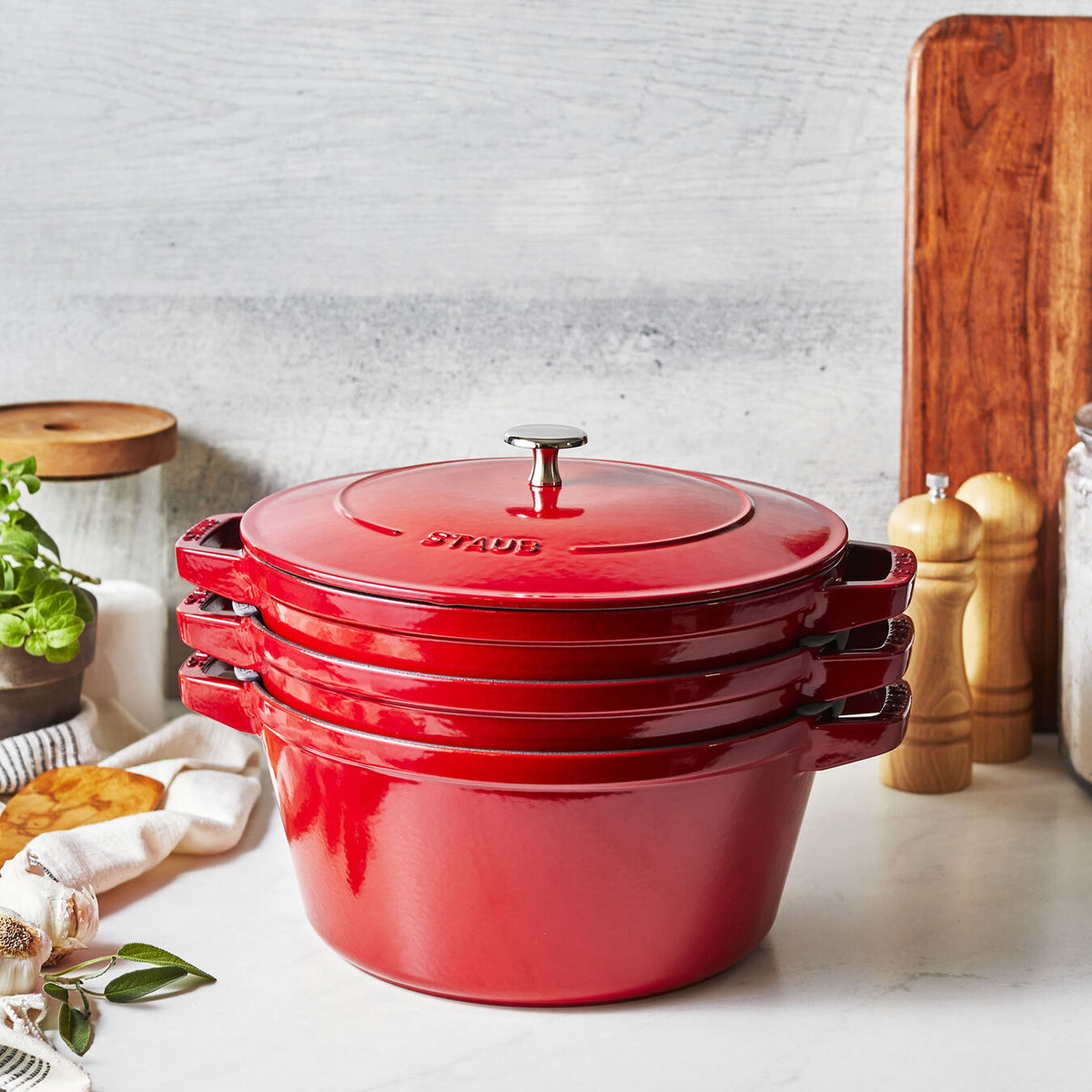 Staub - 4 PC 9.5" Cast Iron Stackable Cocotte Set Cherry - 1010887