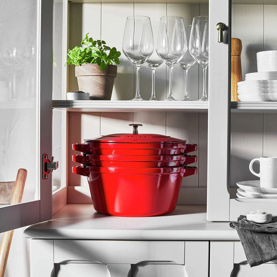 Staub - 4 PC 9.5" Cast Iron Stackable Cocotte Set Cherry - 1010887