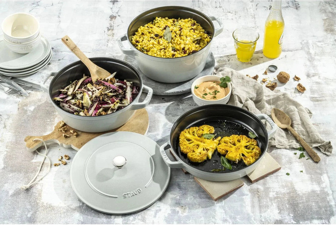 Staub - 4 PC 9.5" Cast Iron Stackable Cocotte Set White Truffle - 1010892