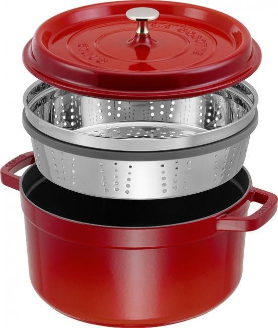 Staub - 5.5 QT Round Cocotte with Steamer Cherry Red 5.2L - 40510-601