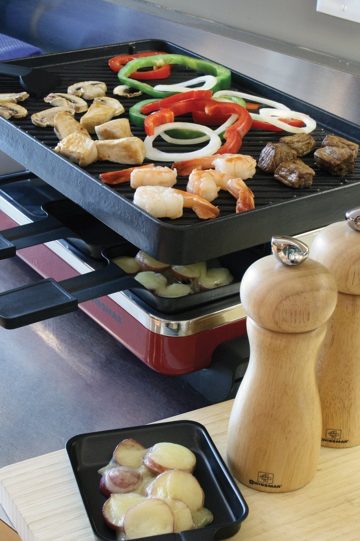 Swissmar - Red Raclette Party Grill with Reversible Cast Iron Grill Plate - KF-77046