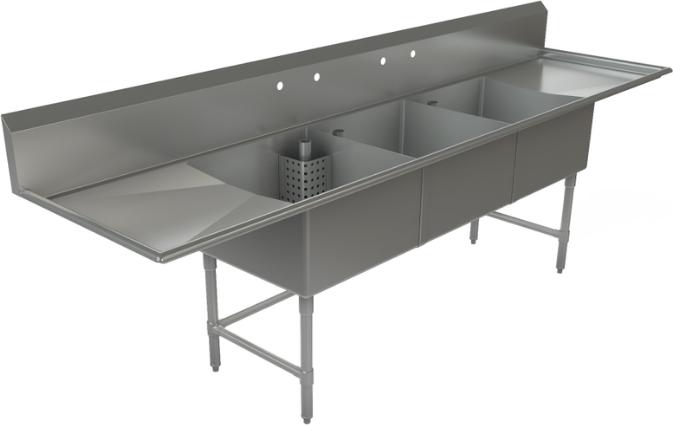 Tarrison - 120" 18 Gauge Stainless Steel Sink with Three Compartments & Left & Right Drainboards - CDS3-24LR