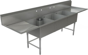Tarrison - 120" 18 Gauge Stainless Steel Sink with Three Compartments & Left & Right Drainboards - CDS3-24LR