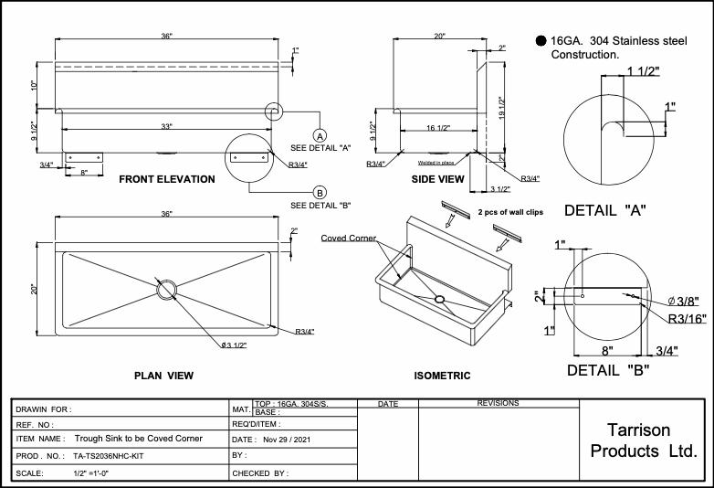 Tarrison - 36" x 20" Trough Sink without Faucet Holes - TA-TS2036NHC
