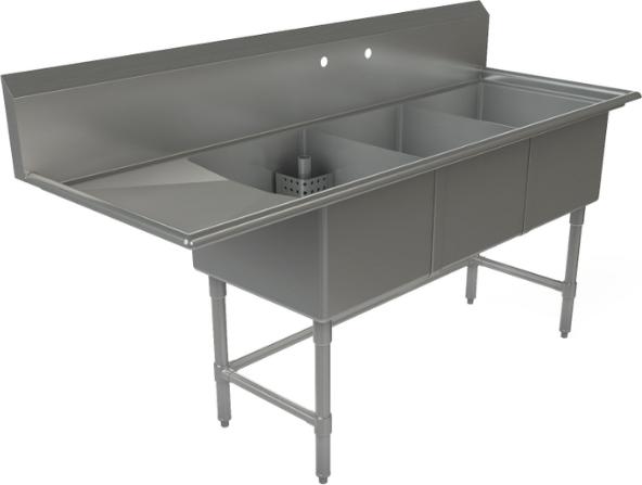 Tarrison - 75" 16 Gauge Stainless Steel Sink with Three Compartments & Left Drainboard - CDS3-18L-16