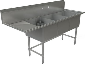 Tarrison - 75" 18 Gauge Stainless Steel Sink with Three Compartments & Left Drainboard - CDS3-18L