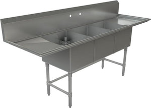 Tarrison - 90" 18 Gauge Stainless Steel Sink with Three Compartments & Left & Right Drainboards - CDS3-18LR