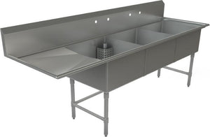Tarrison - 99" 16 Gauge Stainless Steel Sink with Three Compartments & Left Drainboard - CDS3-24L-16
