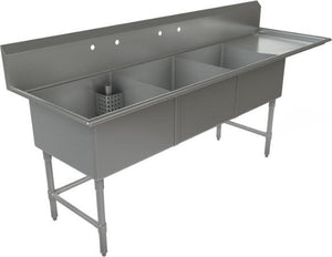 Tarrison - 99" 18 Gauge Stainless Steel Sink with Three Compartments & Right Drainboards - CDS3-24R