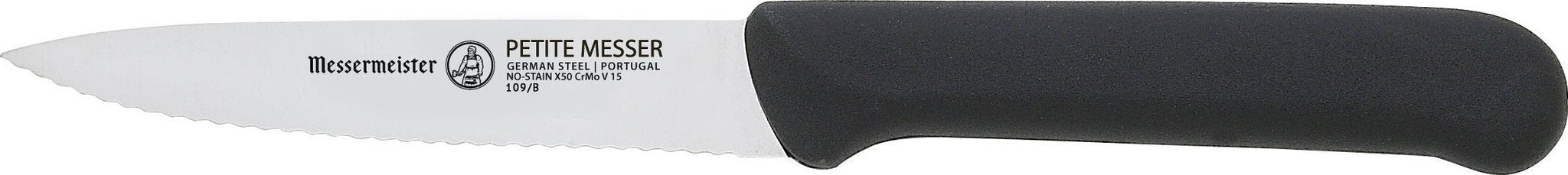 Messermeister - Black Petite Messer 4" Serrated Spear Point Parer with Matching Sheath - 109/B